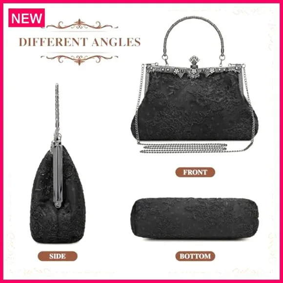 Vintage Lace Floral Clutch Evening Bag with Detachable Chain - Picture 6 of 8